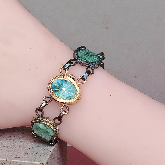 Antique Jewelry - Antique 12K GF And Sterling Wells17 Jewels Chrysocolla Dial And Jade Watch